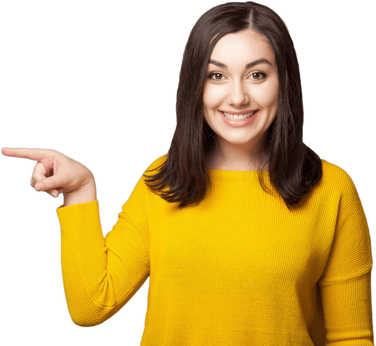 Woman smiling and pointing